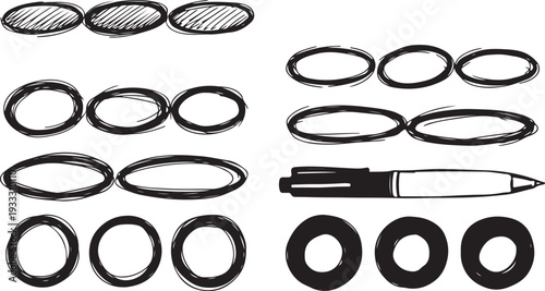 Hand Drawn Black Pen Doodle Set: Scribble Circles, Ovals, and Highlight Frames