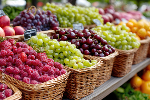 Fresh Fruits and Berries in Wicker Baskets at Market