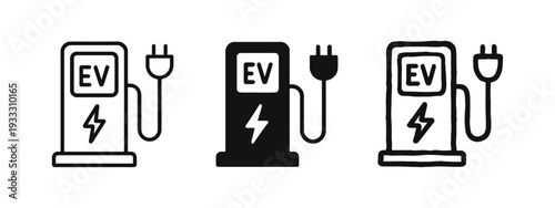 EV charging station icon set. Electric vehicle plug symbol in line, solid and doodle style. Eco-friendly transport illustration.