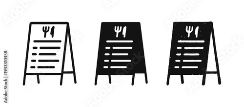 Restaurant menu board icon set. Sidewalk cafe sign symbol in line, solid and doodle style. Food and dining illustration.