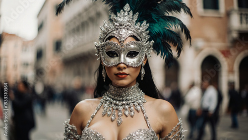 Wallpaper Mural An elegant woman stands adorned in sparkling attire and a dramatic mask at the Venice Carnival, surrounded by lively crowds and historic architecture on a festive day Generative AI Torontodigital.ca