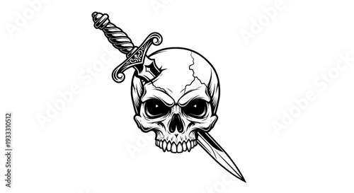 minimalist skull with ornate dagger in mouth