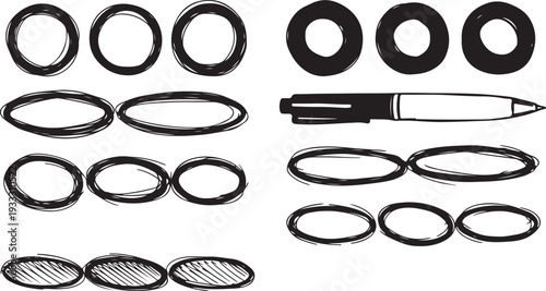 Hand Drawn Black Pen Doodle Set: Scribble Circles, Ovals, and Highlight Frames