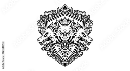 Ornate framed wolf head roaring with bared teeth