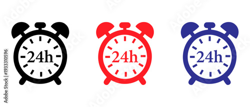 Set of colorful alarm clocks. Three alarm clocks displaying 24 hour time format