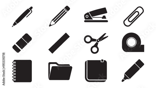 Office Stationery and Supplies Icon Set for Workplace Productivity, Education, and Administrative Application Design