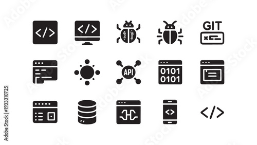 Software Development and Programming Icon Set for Developer Tools, Coding Platforms, and Tech Application Interface Design