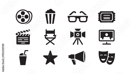 Cinema and Entertainment Icon Set for Movie, Theater, and Media Streaming Application UI and Event Design
