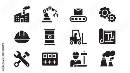 Industrial Manufacturing and Factory Operations Icon Set for Engineering, Production, and Heavy Industry App Design