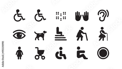Disability and Accessibility Icon Set for Inclusive Design, Public Signage, and ADA Compliance Application Development