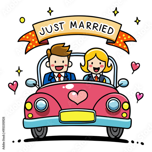 Just Married Wedding Car Cartoon – Bride and Groom Celebration Illustration