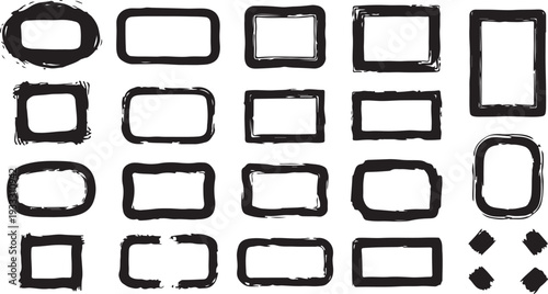 A versatile collection of bold black hand-drawn rectangular and rounded frames featuring textured, sketchy lines and rough borders for a modern DIY aesthetic.