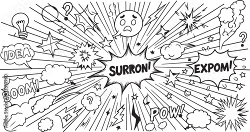 A high-energy comic-style illustration featuring a central "SURRON!" explosion with radiating action lines, speech bubbles, lightning bolts, and expressive doodles including "BOOM!", "POW!" and "EXPOM