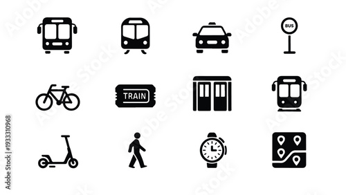 Urban Transportation and Public Transit Icon Set for Commuter App, City Navigation, and Mobility Service Design