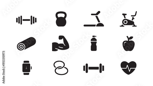 Fitness and Healthy Lifestyle Icon Set for Gym, Nutrition, and Wellness Tracking Application and Sports Design