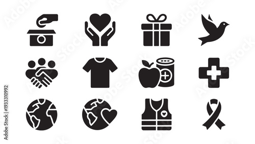 Charity Donation and Humanitarian Aid Icon Set for Nonprofit Fundraising, Social Cause, and Community Support Design