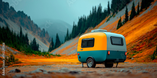 Compact colorful camper trailer parked in mountain valley with autumn landscape and pine forest at sunse