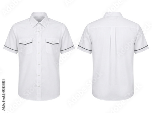 Crisp white short-sleeved collared men's shirt with chest pockets and dark trim, perfect for professional or casual wear, displayed from front and back