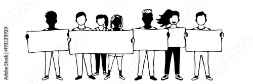 People holding signs in line art illustration
