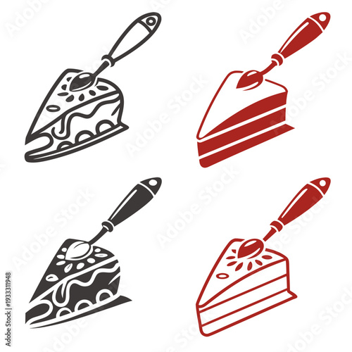 Cake server with cake slice icon vector art set isolated on white background. hand drawn cake shovel and piece of cake vector