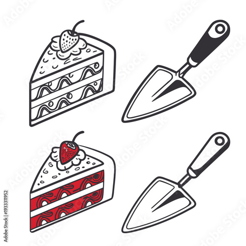 Set of hand drawn cake slices with strawberries and dessert server utensils and gardening trowels icons isolated on white background vector illustration