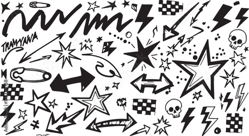 An edgy collection of hand-drawn street art elements featuring lightning bolts, skulls, stars, safety pins, checkered patterns, and aggressive arrows.
