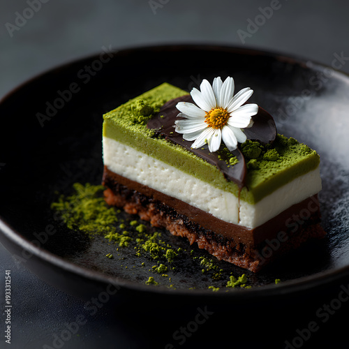Matcha Delight: An artistic close-up of a matcha-infused layered cake, topped with delicate flower, presenting an alluring harmony of flavors and textures.