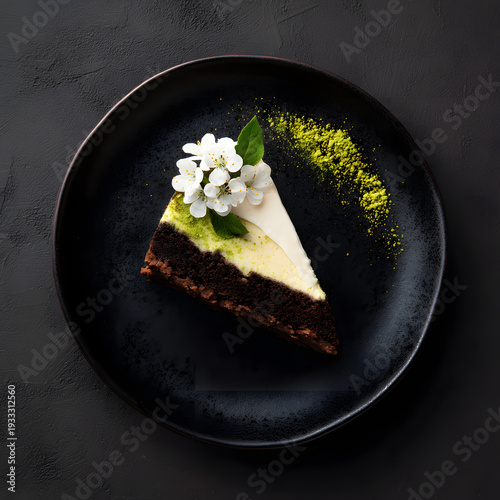 Exquisite Matcha Cheesecake: A delectable slice of matcha cheesecake, elegantly adorned with delicate white blossoms and a scattering of vibrant green matcha powder.