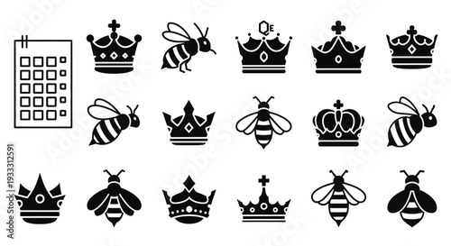 Collection of various crown and bee icons displayed together in a grid arrangement on a clean background