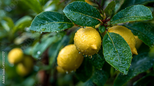 Lemon Tree's Juicy Yield: Close-up of vibrant yellow lemons growing on a tree branch, glistening with raindrops, showcasing the freshness and vitality of nature's bounty.