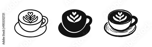 Coffee Cup Latte Art Icon Set - Cafe Beverage Symbol for Hot Drinks and Morning Coffee