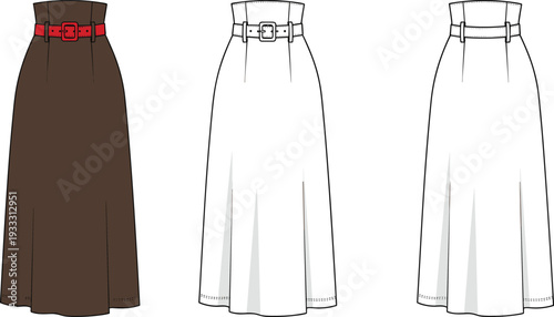 Women's High Waist Belted Maxi Skirt Fashion Technical Sketch Template Front and Back View CAD Drawing Flat Vector Illustration Set