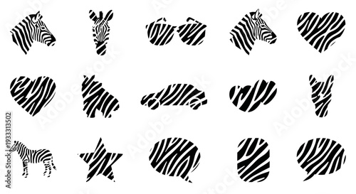 A collection of zebra illustrations showcasing various poses and views in a graphic display