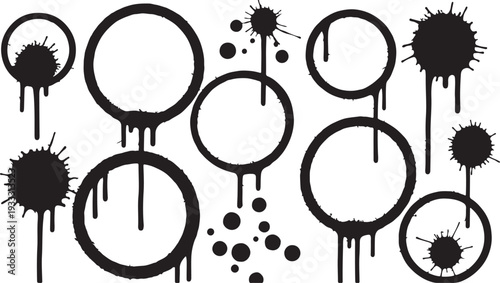 A gritty collection of black spray-painted circular frames and street art splatters featuring realistic paint drips and a textured urban aesthetic on a clean background.