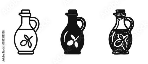 Olive oil bottle icon set. Healthy cooking and Mediterranean diet symbol in outline, solid, and hand-drawn styles.
