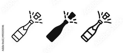 Champagne bottle popping icon set. Celebration and party symbol in various design styles for festive events.