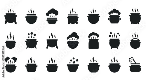 Collection of Cooking Pot Icons in Various States on a Clean White Background from a Direct Viewpoint