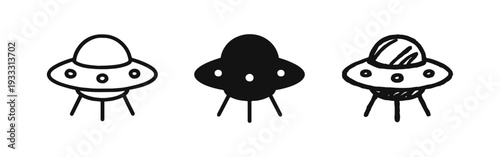 UFO icon set. Unidentified flying object symbol in outline, solid, and hand-drawn styles for sci-fi themes.
