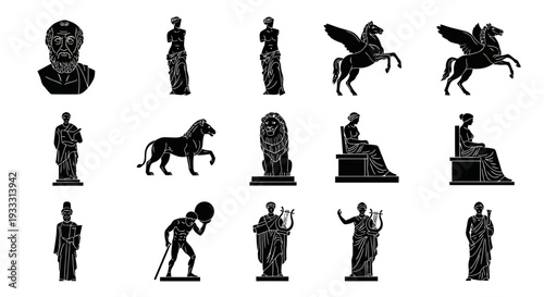 Collection of Ancient Greek Statues and Mythological Creatures Silhouetted in Various Poses on Pedestals