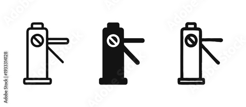 Turnstile Entry Barrier Icons Set. Subway Entrance, Security Gate, and Access Control Symbols in Three Styles.