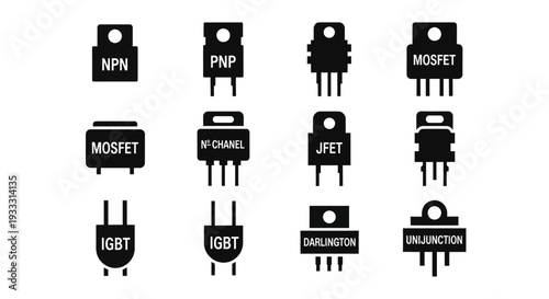 Collection of electronic components including transistors and diodes on a white background viewed from directly above