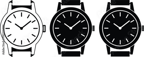 Set of professional wrist watch icons featuring classic analog timepiece designs with leather straps in black and white silhouette vector style for time management.