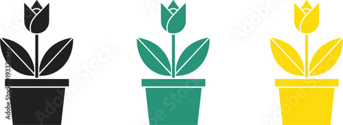 Set of minimalist tulip flower pot icons featuring three different color variations including black green and yellow flat vector silhouettes for nature design.