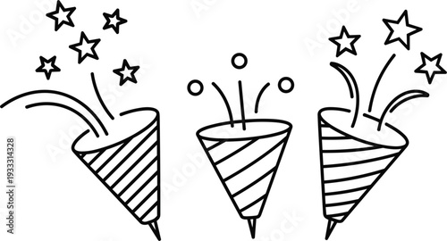 Set of festive party popper icons featuring celebratory confetti and stars in a clean black and white line art vector style for events.