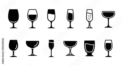 Collection of various wine glasses and goblets illustrated in different styles and shapes on a clean white background