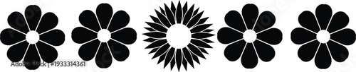 Set of professional black flower blossom icons featuring various symmetrical petal designs and floral silhouettes in a clean flat vector style for patterns.