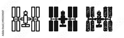 International Space Station (ISS) Icons Set. Orbital Outpost and Research Lab Symbols in Three Styles.