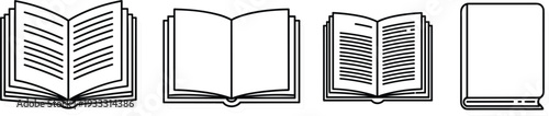 Set of professional book icons featuring open textbooks with text lines and a closed notebook in a clean black line art vector style.