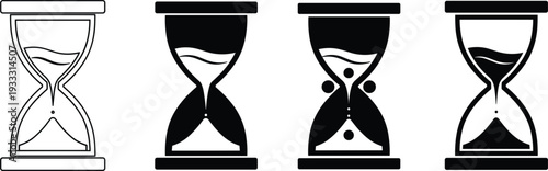 Set of professional hourglass icons featuring various sand timer designs in black and white silhouette and line art style for time management concepts.