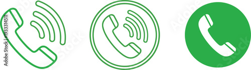 Set of professional green telephone handset icons featuring ringing phone silhouettes and call symbols in line art and circular button styles.